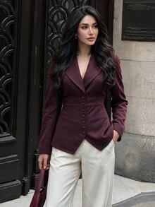 Modelyn Women's Burgundy Woven Cinched Waist Padded Shoulder Long Sleeve Button-Up Romantic Elegant Blazer - Burgundy - View 8
