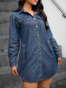 SHEIN Tall Women's Long Sleeve Collared Denim Shirt Dress, Front Button Closure, Patch Pockets, Curved Hem, Casual Denim Mini Skirt - Dark Wash - View 5