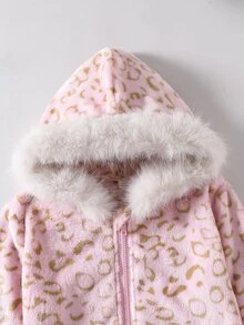 SHEIN 1件女款Y2K甜酷風夾克外套，粉色豹紋大毛領連帽收腰修身拉鍊抓絨外套，休閒街頭約會秋冬穿搭 - 粉色 - 查看 6