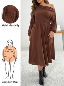 SHEIN Essnce Plus Size Minimalist Versatile Asymmetrical Shoulder Pleated Dress For Vacation - Brown - View 1