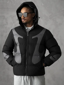 SLATEMANN Men's Colorblock Long Sleeve Zip-Up Casual Hooded Winter Jacket - Black - View 7