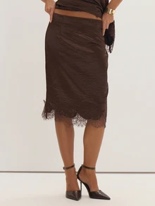 MUSEYN Brown Satin Lace Trim Midi Skirt Date Night Timeless New Season Fall - Brown - View 2