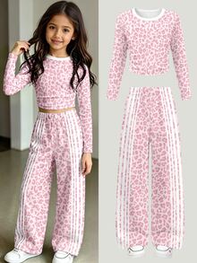 Bộ đồ casual mùa thu cho bé gái tween, áo thun tay dài nhún eo họa tiết da báo hồng trắng và quần ống rộng - Nhiều màu - Xem 1