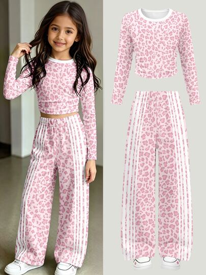 Conjunto Casual de Outono para Meninas Pré-Adolescentes com Camiseta de Manga Longa e Cintura Franzida em Estampa de Leopardo Rosa & Branco & Calça Pantalona