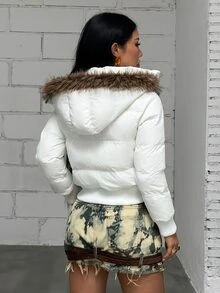 Jeanoix Women's Solid Color Long Sleeve Zip-Up Hooded Fur Trim Winter Jacket - White - View 2