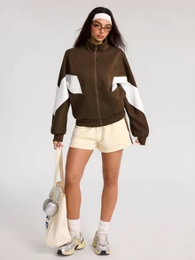 SHEIN Core Rhythm Damtröja med färgblock, lång ärm och dragkedja, sportig sweatshirt - Brun - Visa 4