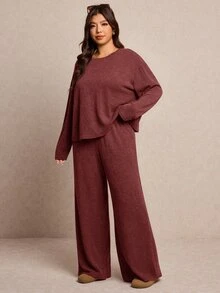 Elaquor 大尺碼女款純色落肩長袖T恤與腰部繫帶長褲休閒兩件套 - 鏽棕色 - 查看 5