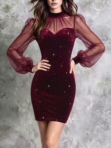 LUMIGAL Women's Mesh Patchwork Glitter Fashion Date Party Dress - Burgundy - View 6