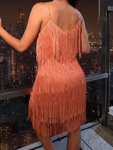 BELROSIE Fringe Trim Cami Dress Holiday Party Dress  - Orange - View 5