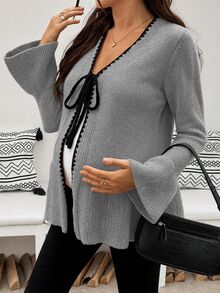 SHEIN 孕婦花苞飾邊前綁帶喇叭袖針織開襟衫 - 灰色 - 查看 3