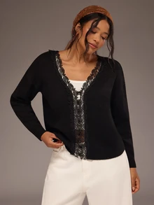 Freevana Women Reversible Lace V Neck Button Down Long Sleeve Knit Cardigan Sweater Front To Back Tops - Black - View 2