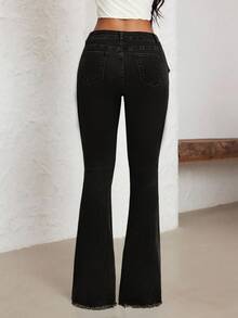Jeanoix Plus Size Women's Fashion Y2K Belted Washed Stretch Flare Pants - Black - View 2