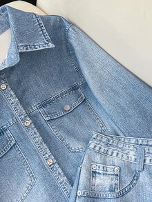 INAWLY Fashionable Minimalist Casual Denim Effect Print Single-Breasted Shirt And Pants 2 Pieces Set - Blue - View 3