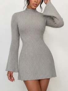 Selianne Women's Flare Sleeve A-Line Cinched Cinched Waist Elegant Design Sweater Dress - Light Grey - View 4