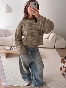 SHEIN EZwear 女款休閒寬鬆長袖T恤，秋季上衣，適合日常通勤、聚會、秋冬夏季、聖誕節、新年、感恩節、派對、婚禮、海灘、畢業典禮、優雅、外出、約會、通勤、情人節、優雅、度假、Y2K、畢業典禮及其他場合，復古條紋 - 彩色 - 查看 6