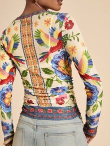 Travachic 女款花卉印花圓領長袖修身上衣 - 彩色 - 查看 2