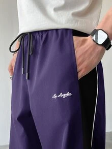 Manfinity EMRG Men's Casual Colorblock Drawstring Straight Leg Pants, Loose Long Patchwork Black Straight Leg Sweatpants For Outdoor - Purple - View 6