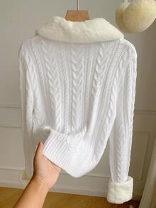 Comfortcana Women's Patchwork Fur Collar Long Sleeve Cable Knit Cardigan - Apricot - View 2