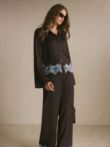 Poéselle Women's Chocolate Brown Lace-Trim Two Pieces Set – Long-Sleeve Button-Down Shirt And Wide-Leg Pants Maroon Set Brown Set Work Outfits Fall/Winter Sets - Brown - View 8
