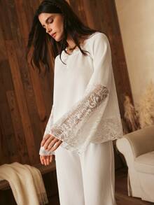 Lullawish Bohemian Round Neck Pullover Lace Flare Women's Pajama Set - White - View 4