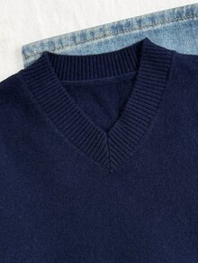 SHEIN Tween Girls Striped Colorblock Cable Knit V-Neck Lantern Sleeve Oversized Pullover Sweater, Suitable For Autumn/Winter And Outdoor Wear - Navy Blue - View 4