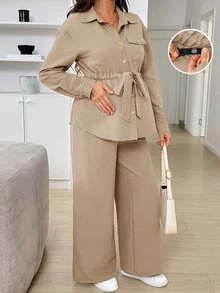 SHEIN 孕婦純色長袖上衣與可調腰長褲休閒日常兩件套 秋季 - 卡其色 - 查看 2