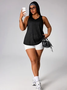 SHEIN Velisys Plus Size Women's Daily Fitness Sports Tank Top - Black - View 7