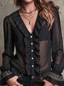 SHEIN Autumn French Retro Striped Ruffled Long-Sleeved Women's Blouse, Made Of Chiffon Fabric, Perfect For Parties, Commuting, Christmas, And Halloween. - Black - View 8