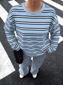 Muchica 女款休閒極簡藍色條紋寬鬆露背綁帶長袖T恤，適合外出、返校、街頭穿搭，露背上衣，秋季上衣，適合日常通勤、約會、聚會，秋冬春夏，聖誕節、新年、感恩節、派對、婚禮、海灘、畢業典禮，時尚 - 彩色 - 查看 2