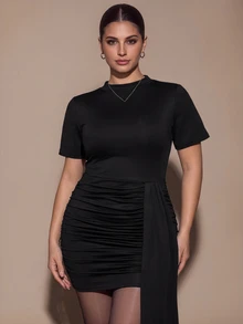 SHEIN BAE CURVE Đầm mini nhún bèo màu đen có nơ cho nữ size lớn - màu đen - Xem 2