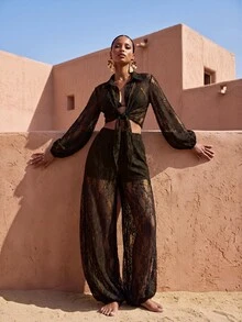 Zivah Women's Elegant Lace Sheer Blouse And Lantern Pants 2 Pieces Set For Beach Party - Brown - View 3