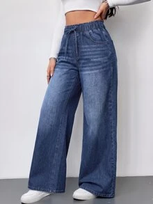 SHEIN Tall Women's Drawstring Waist Pocket Casual Daily Travel Jeans - Dark Wash - View 4
