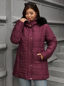 SHEIN Clasi 大尺碼女款純色休閒百搭冬季連帽填充外套 - 酒紅色 - 查看 6