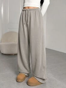 SHEIN Tween女孩秋冬保暖內裡加厚簡約寬鬆直筒運動長褲，花卉灰色休閒運動風日常穿著長褲 - 灰色 - 查看 4