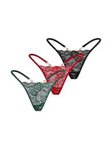 AltBold 3pcs/Set Lace Trim Chain Back Low Waist Women's Thong - Multicolor - View 1