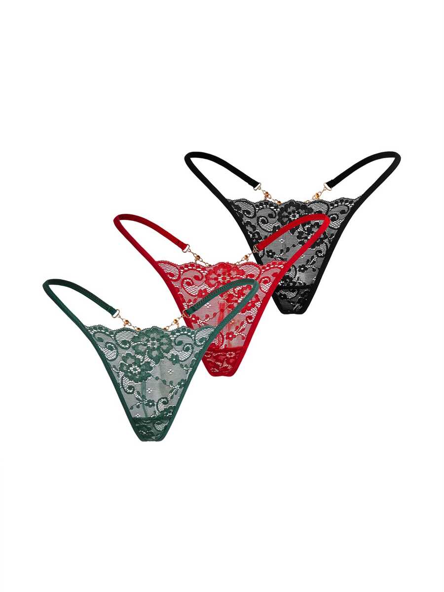 AltBold 3pcs/Set Lace Trim Chain Back Low Waist Women's Thong - Multicolor - View 1