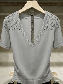 SHEIN Franclia Atasan Rajut Kasual Lengan Pendek Motif Berongga Warna Polos untuk Wanita - Grey - View 1