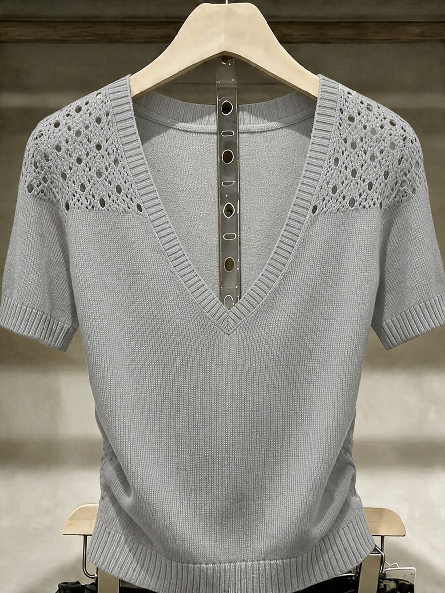 SHEIN Franclia Atasan Rajut Kasual Lengan Pendek Motif Berongga Warna Polos untuk Wanita - Grey - View 1