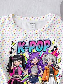 迷你多巴胺彩色波點 Y2K 時尚街頭風 K-Pop 韓系女孩賽博螢光圖案印花女款休閒舒適修身短袖 T 恤，適合日常室內穿著、疊穿、運動、外出、音樂節，美式高街甜酷女孩慵懶時尚少女風 - 彩色 - 查看 9