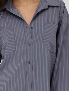 MUSERA Grey Woven Oversized Button Up Shirt Autumn Winter Fall Daily Everyday Essential Blancs - Grey - View 6