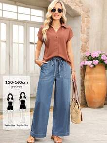 SHEIN PETITE Women's Loose Fit Vacation Elastic Waist Drawstring Casual Denim Jeans - Light Wash - View 1