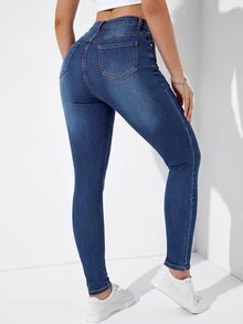 Jeanoix Celana Jeans Denim Kasual Wanita untuk Sehari-hari dengan Saku dan Kancing - Biru - View 2