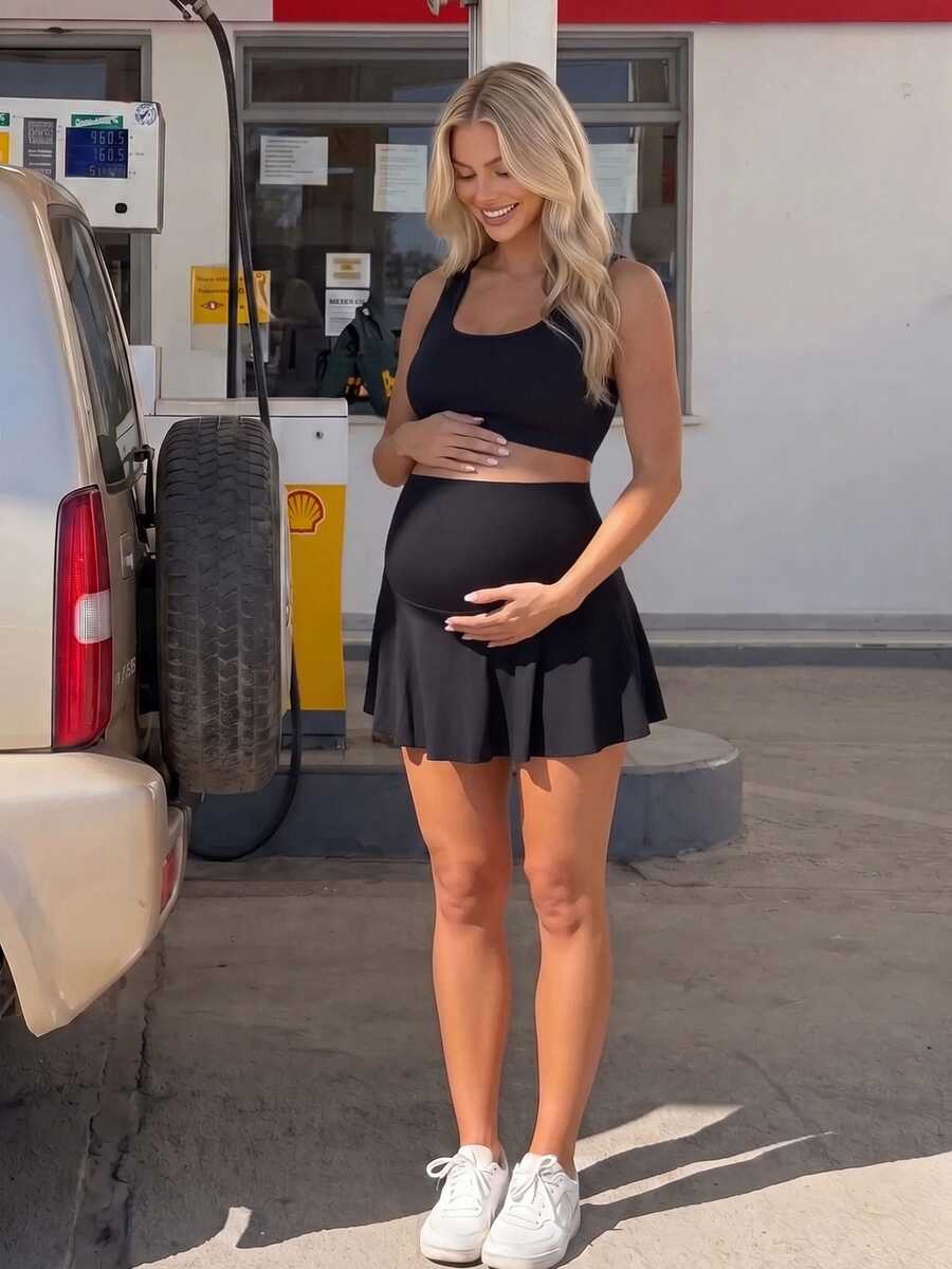 SHEIN Maternity Solid Color High Waist Pockets Sports Shorts Skirt - Black - View 1