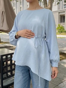 DAZY Solid Color Loose Long Sleeve Belted Elegant Vacation Spring/Autumn Cover-Up Maternity Top - Blue - View 3