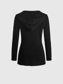 ROMWE Gothic Wanderer Style Hooded Asymmetrical Hem Ribbed Long Sleeve Cardigan For Women - Black - View 7