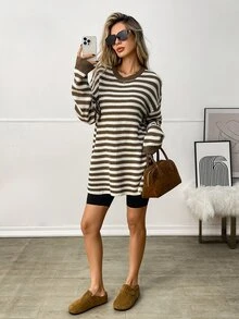 Elyressa Sweater Wanita Bergaris Kasual Gaya Prancis dengan Desain Belahan, Musim Dingin - MultiWarna - View 9