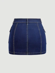 SHEIN MOD 女款鈕扣休閒日常牛仔迷你裙 - 深色水洗藍 - 查看 2