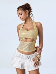 Y2Kool Women's Light Gold Ribbed Metallic Coated Shiny Tank Top, Sweet Cool Hot Girl Style Hollow Out Slim Fit Camisole, Suitable For Summer Outings, Vacation Travel, Date And Party Outfits - Gold - View 4
