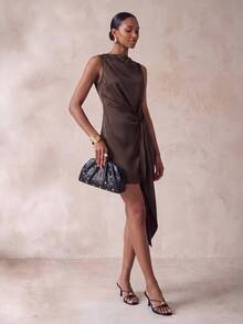 Zivah Women's Solid Color Waist Knot Elegant Sleeveless Short Dress - Brown - View 8
