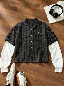 SWAVVY 男士 2 合 1 拼接字母圖案休閒日常長袖襯衫 - 黑色 - 查看 3